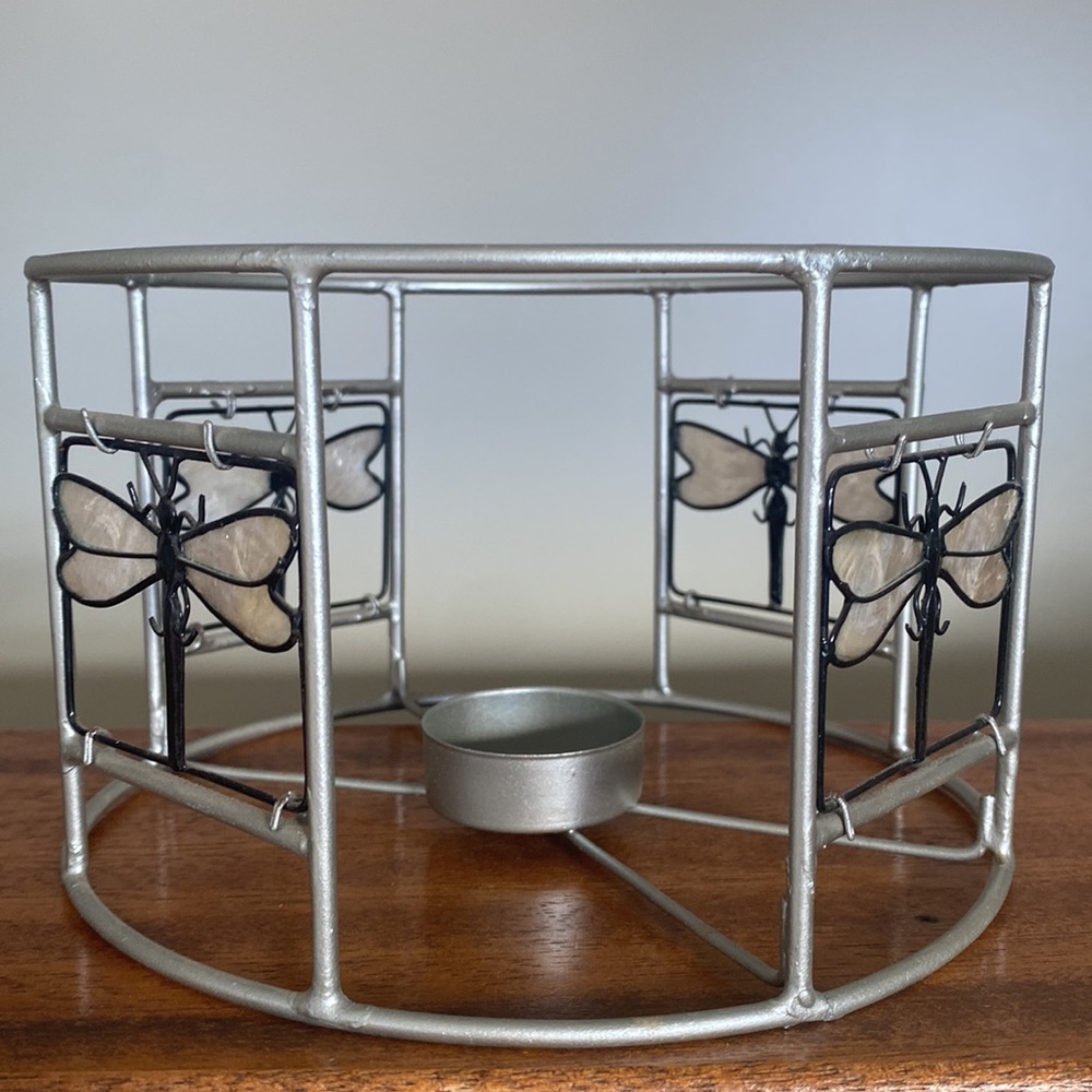 Tea Light Holder  adorned with Dragon Fly’s Metal frame